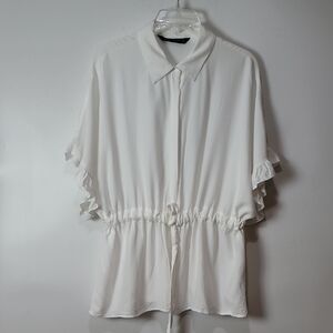 Zara White Button-Down Ruffle Sleeve Drawstring Top